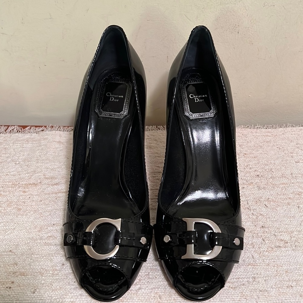 Dior Black Patent Peeptoe Heels 7.5